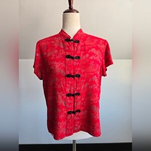 Clio Vintage 80s Red Rayon Top with Oriental Print